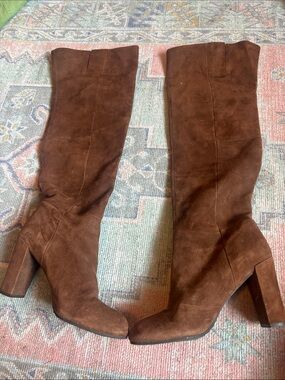Nine West Chocolate Brown Suede Over-the-Knee Block Heel Boots